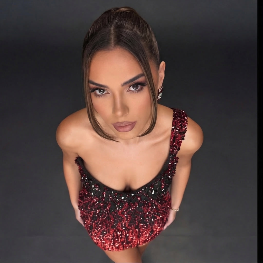 One-Shoulder Sequin Flame Mini Dress – Black to Red Ombre Bodycon Party Dress