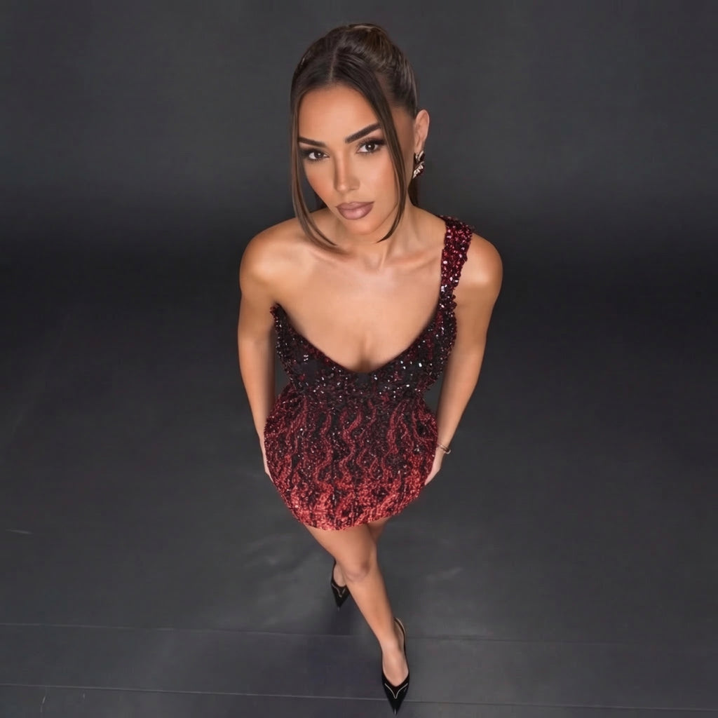 One-Shoulder Sequin Flame Mini Dress – Black to Red Ombre Bodycon Party Dress