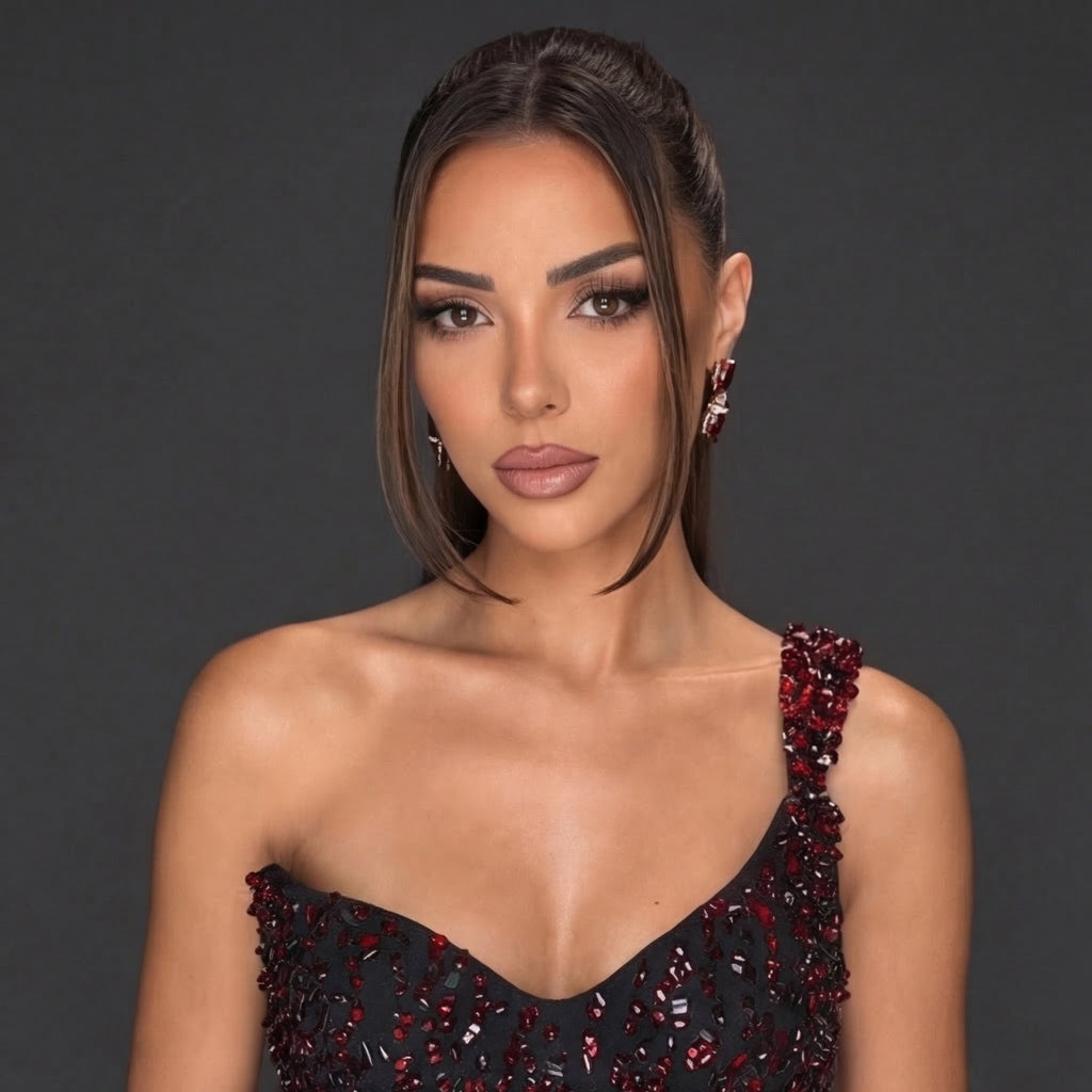 One-Shoulder Sequin Flame Mini Dress – Black to Red Ombre Bodycon Party Dress