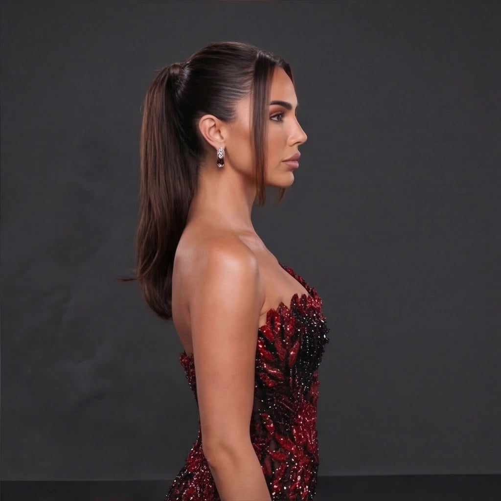 One-Shoulder Sequin Petal Mini Dress – Black & Red Feather Sequin with Crystal Strap Detail