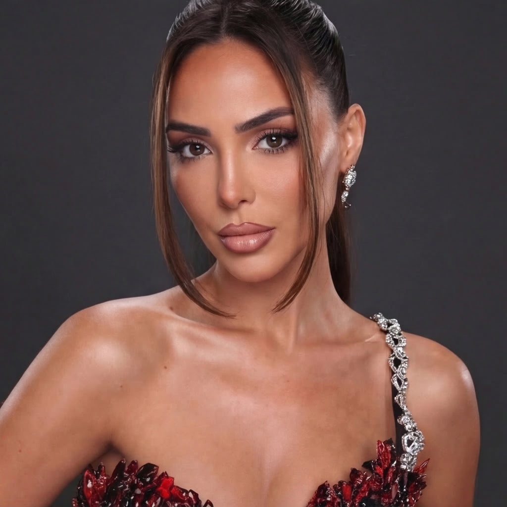 One-Shoulder Sequin Petal Mini Dress – Black & Red Feather Sequin with Crystal Strap Detail