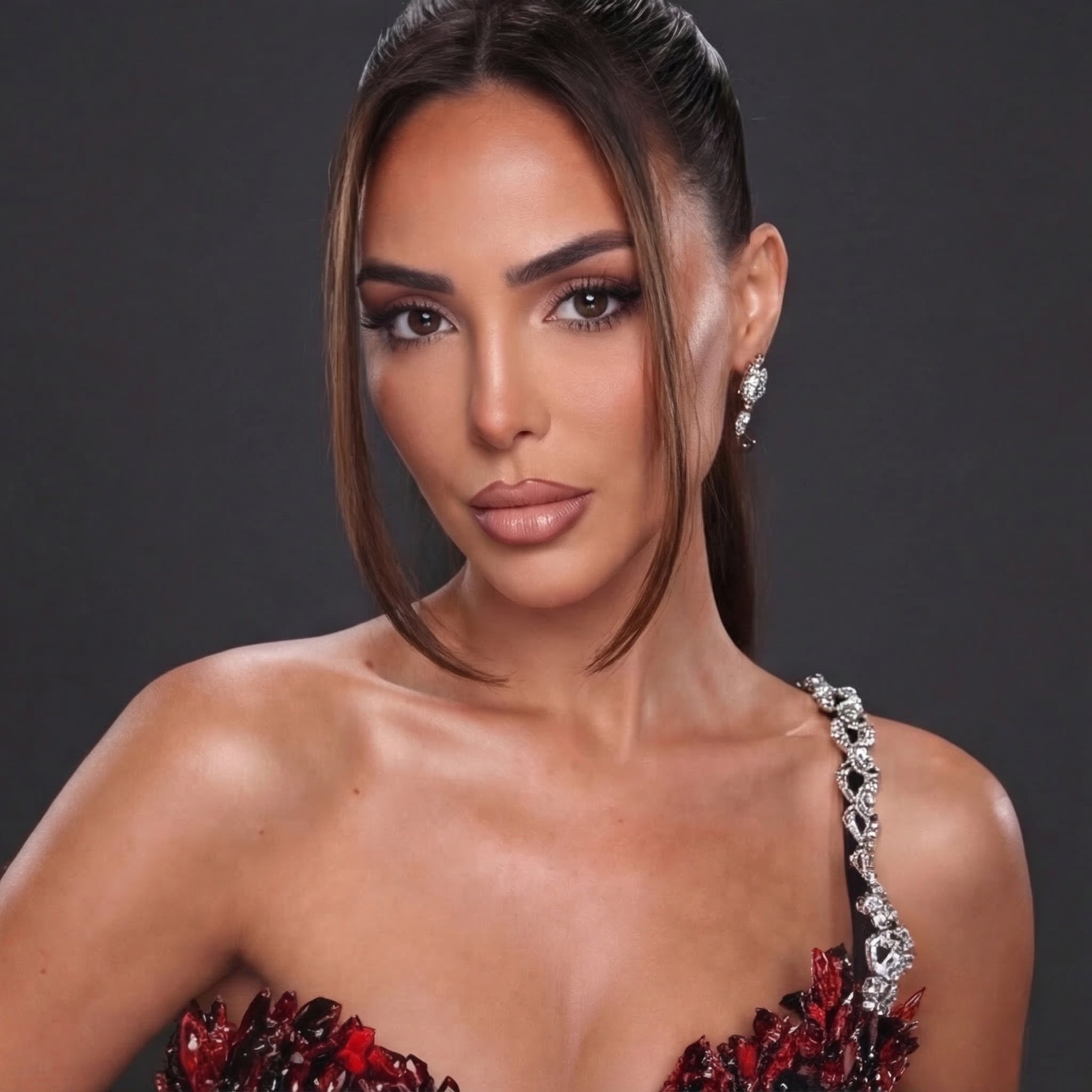 One-Shoulder Sequin Petal Mini Dress – Black & Red Feather Sequin with Crystal Strap Detail