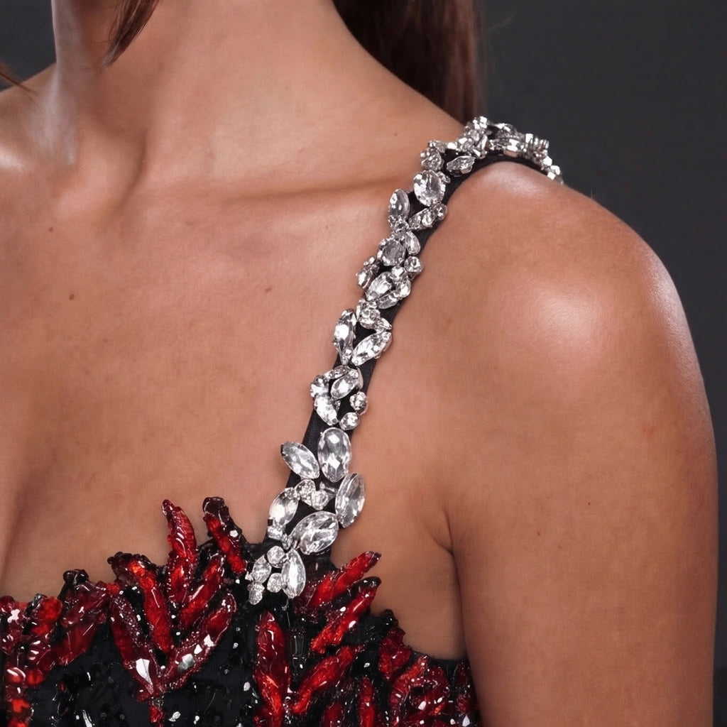 One-Shoulder Sequin Petal Mini Dress – Black & Red Feather Sequin with Crystal Strap Detail