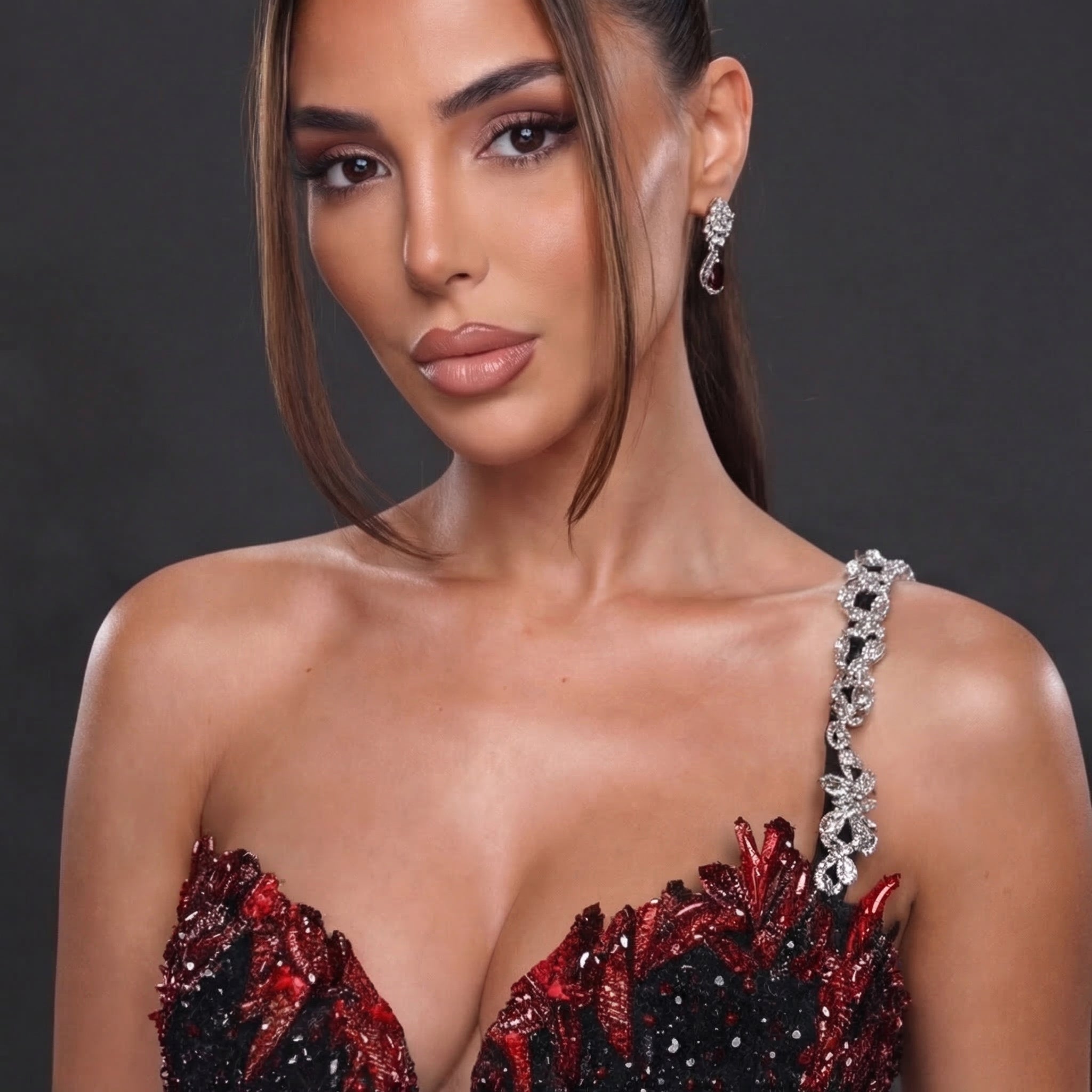 One-Shoulder Sequin Petal Mini Dress – Black & Red Feather Sequin with Crystal Strap Detail