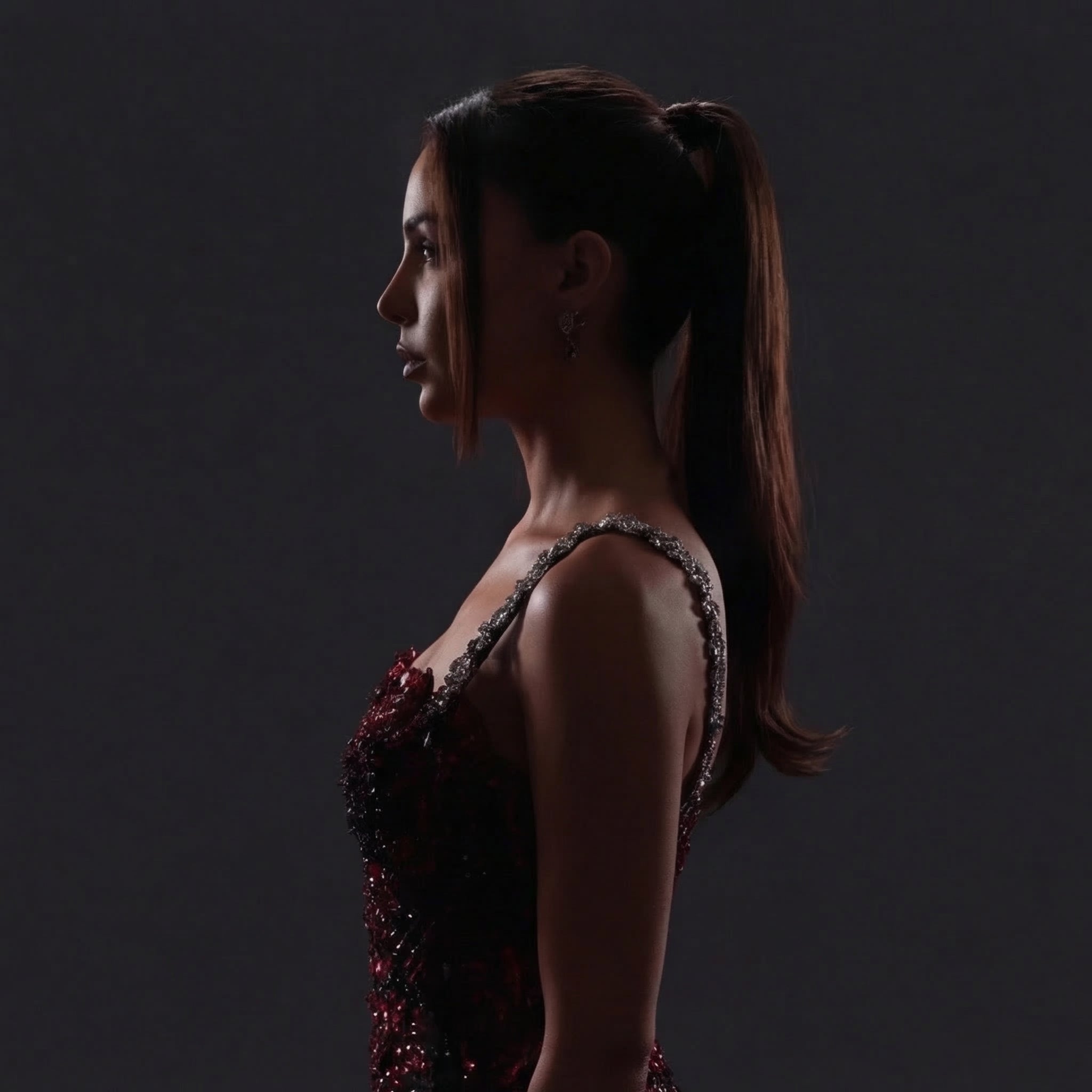 One-Shoulder Sequin Petal Mini Dress – Black & Red Feather Sequin with Crystal Strap Detail