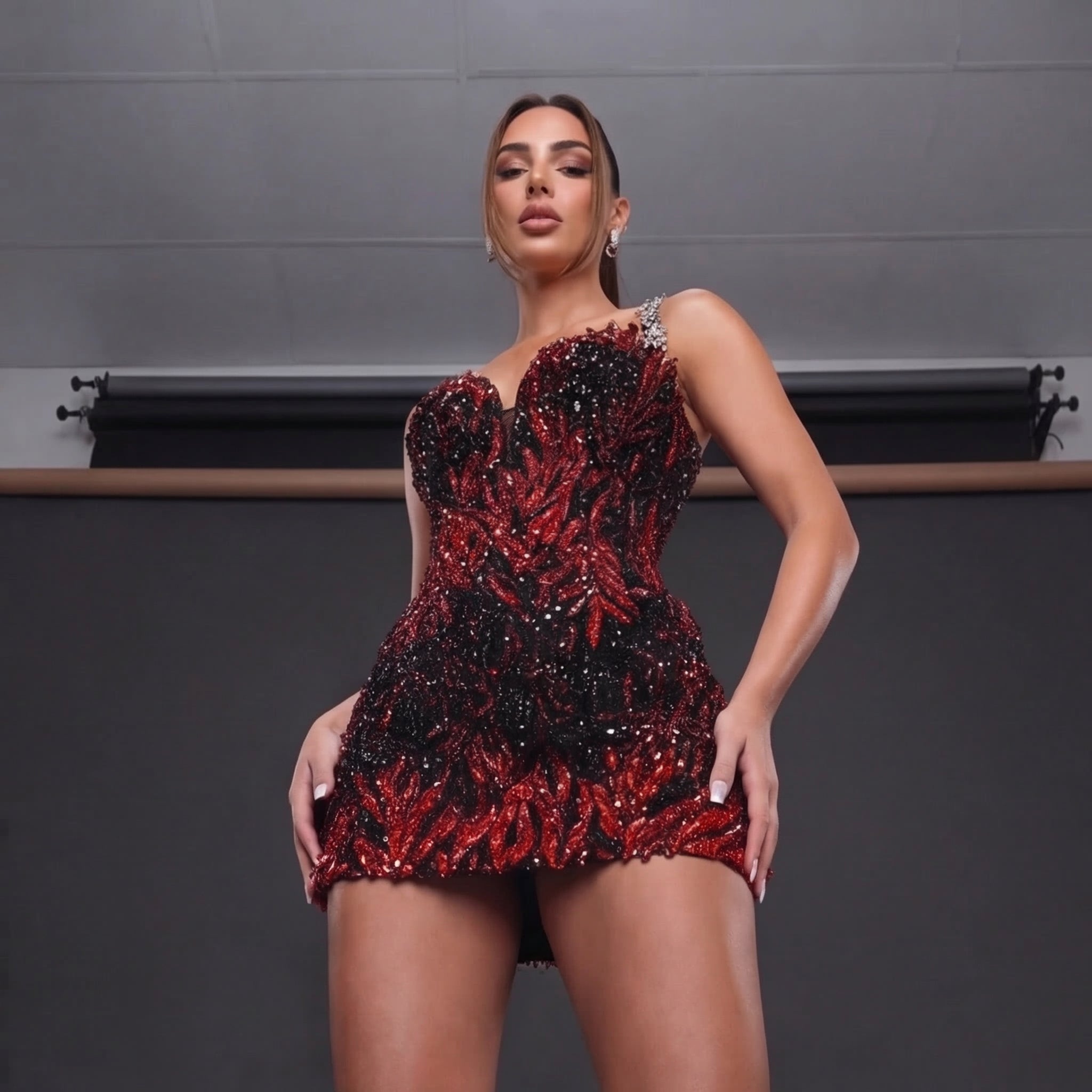 One-Shoulder Sequin Petal Mini Dress – Black & Red Feather Sequin with Crystal Strap Detail