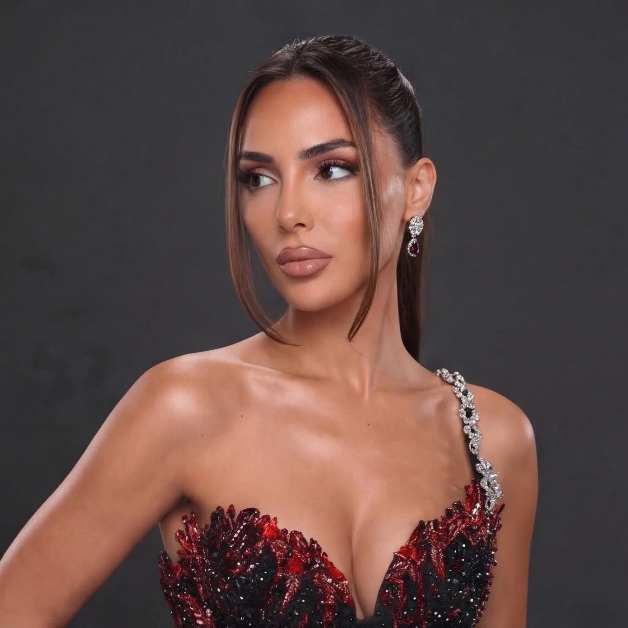 One-Shoulder Sequin Petal Mini Dress – Black & Red Feather Sequin with Crystal Strap Detail