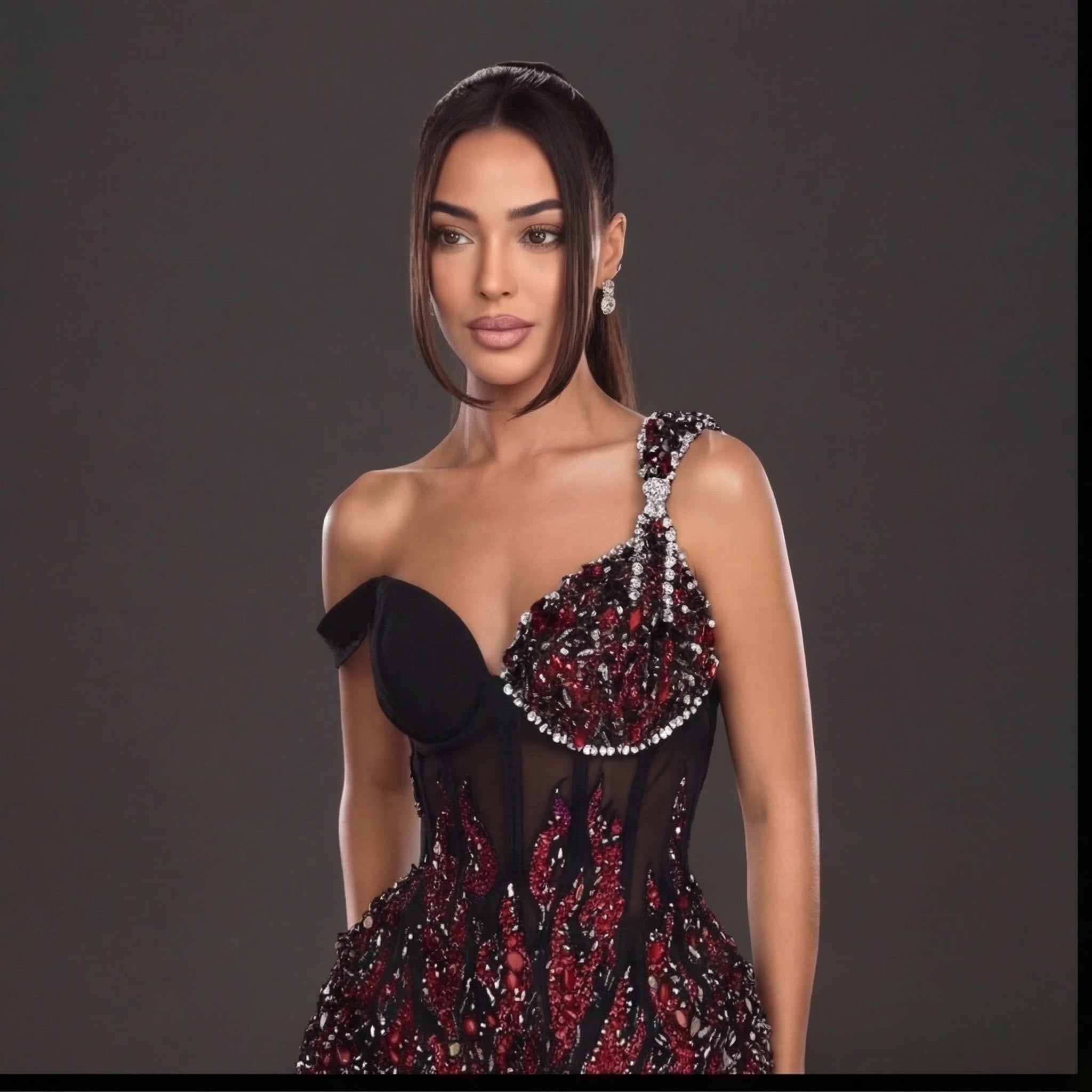 Asymmetric Off-Shoulder Jeweled Mini Dress – Black & Red Crystal Flame Corset with Sheer Mesh Skirt