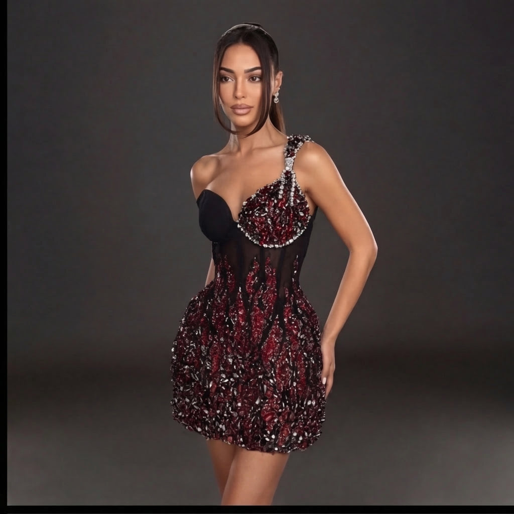 Asymmetric Off-Shoulder Jeweled Mini Dress – Black & Red Crystal Flame Corset with Sheer Mesh Skirt
