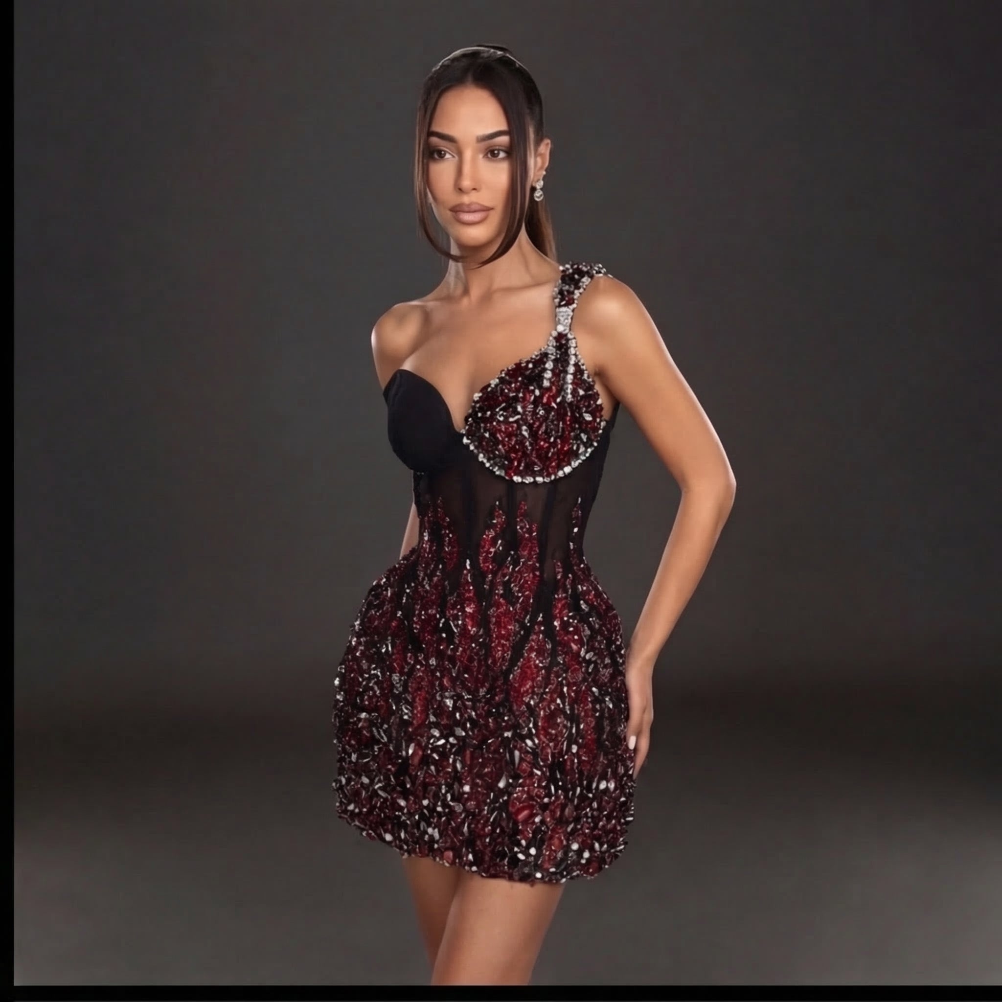 Asymmetric Off-Shoulder Jeweled Mini Dress – Black & Red Crystal Flame Corset with Sheer Mesh Skirt