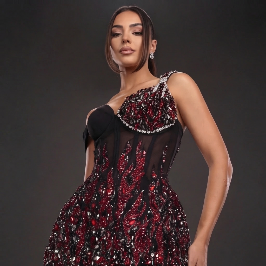 Asymmetric Off-Shoulder Jeweled Mini Dress – Black & Red Crystal Flame Corset with Sheer Mesh Skirt