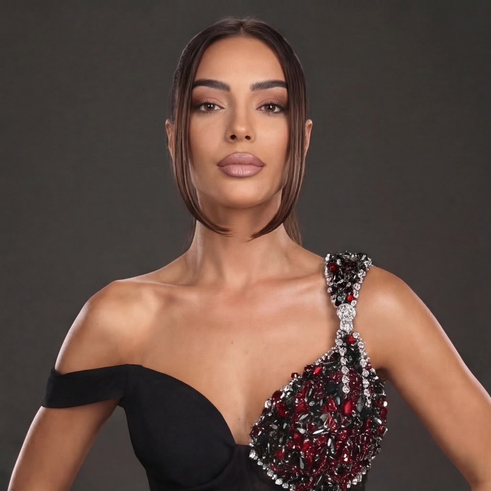 Asymmetric Off-Shoulder Jeweled Mini Dress – Black & Red Crystal Flame Corset with Sheer Mesh Skirt