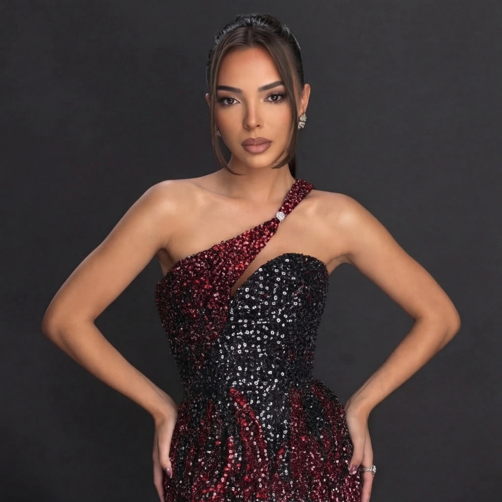One-Shoulder Sequin Mini Dress – Black & Burgundy Colorblock with Crystal Buckle Strap