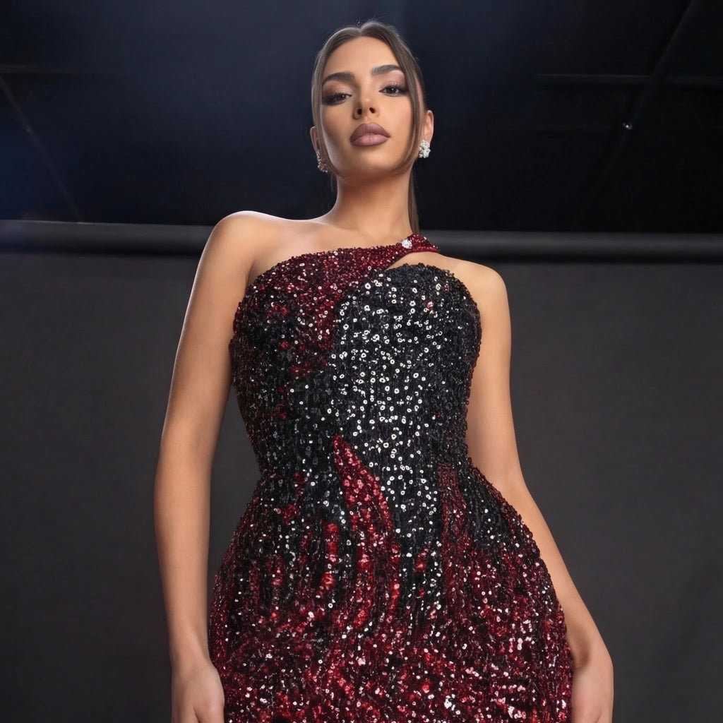 One-Shoulder Sequin Mini Dress – Black & Burgundy Colorblock with Crystal Buckle Strap
