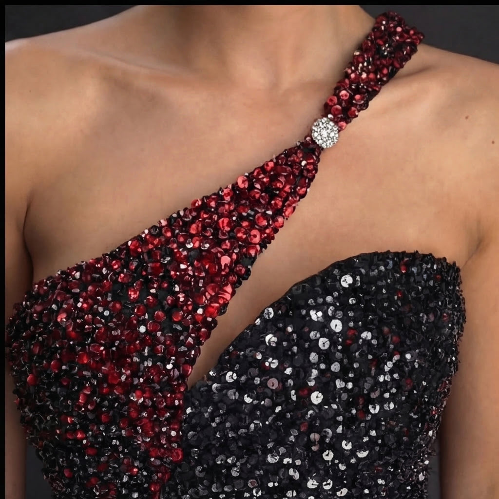 One-Shoulder Sequin Mini Dress – Black & Burgundy Colorblock with Crystal Buckle Strap