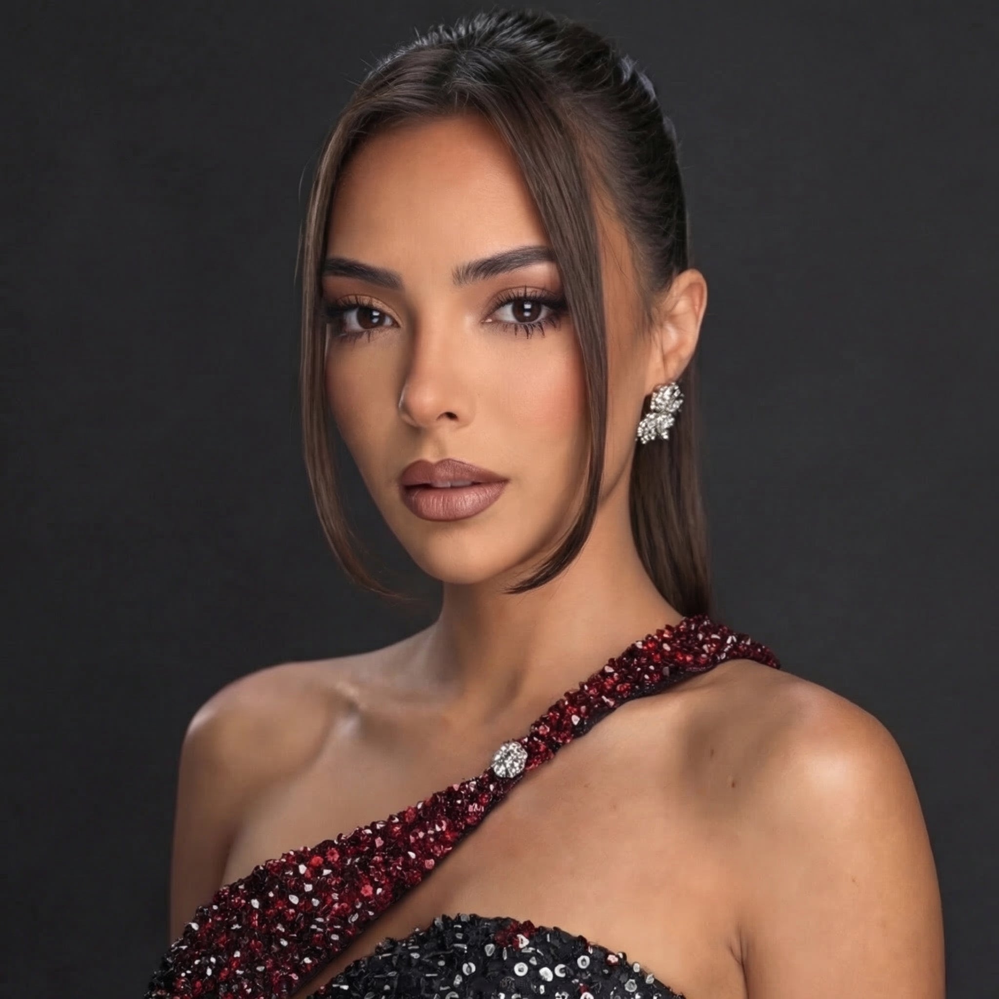One-Shoulder Sequin Mini Dress – Black & Burgundy Colorblock with Crystal Buckle Strap