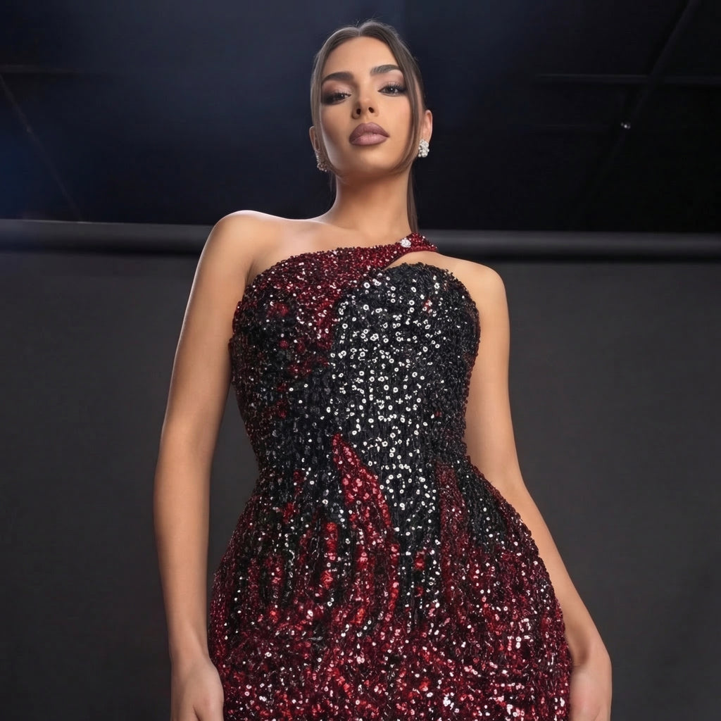 One-Shoulder Sequin Mini Dress – Black & Burgundy Colorblock with Crystal Buckle Strap