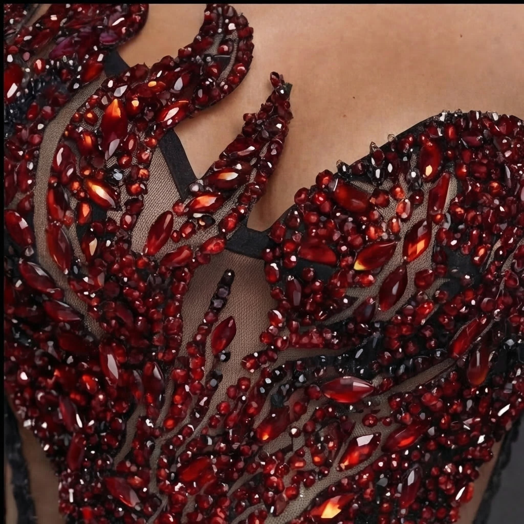 Strapless Sheer Corset Mini Dress – Red Crystal Flame Wings with Voluminous Black Tulle Skirt