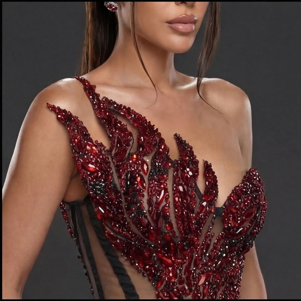 Strapless Sheer Corset Mini Dress – Red Crystal Flame Wings with Voluminous Black Tulle Skirt