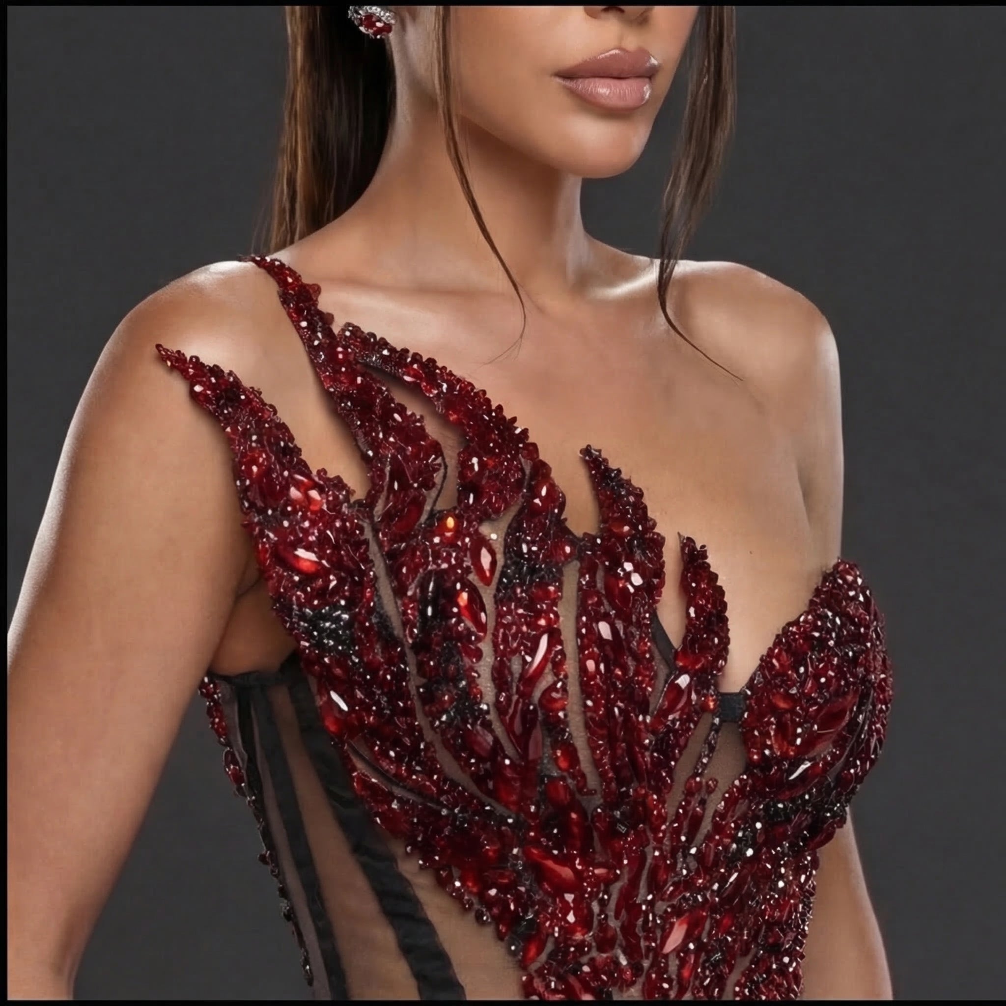 Strapless Sheer Corset Mini Dress – Red Crystal Flame Wings with Voluminous Black Tulle Skirt