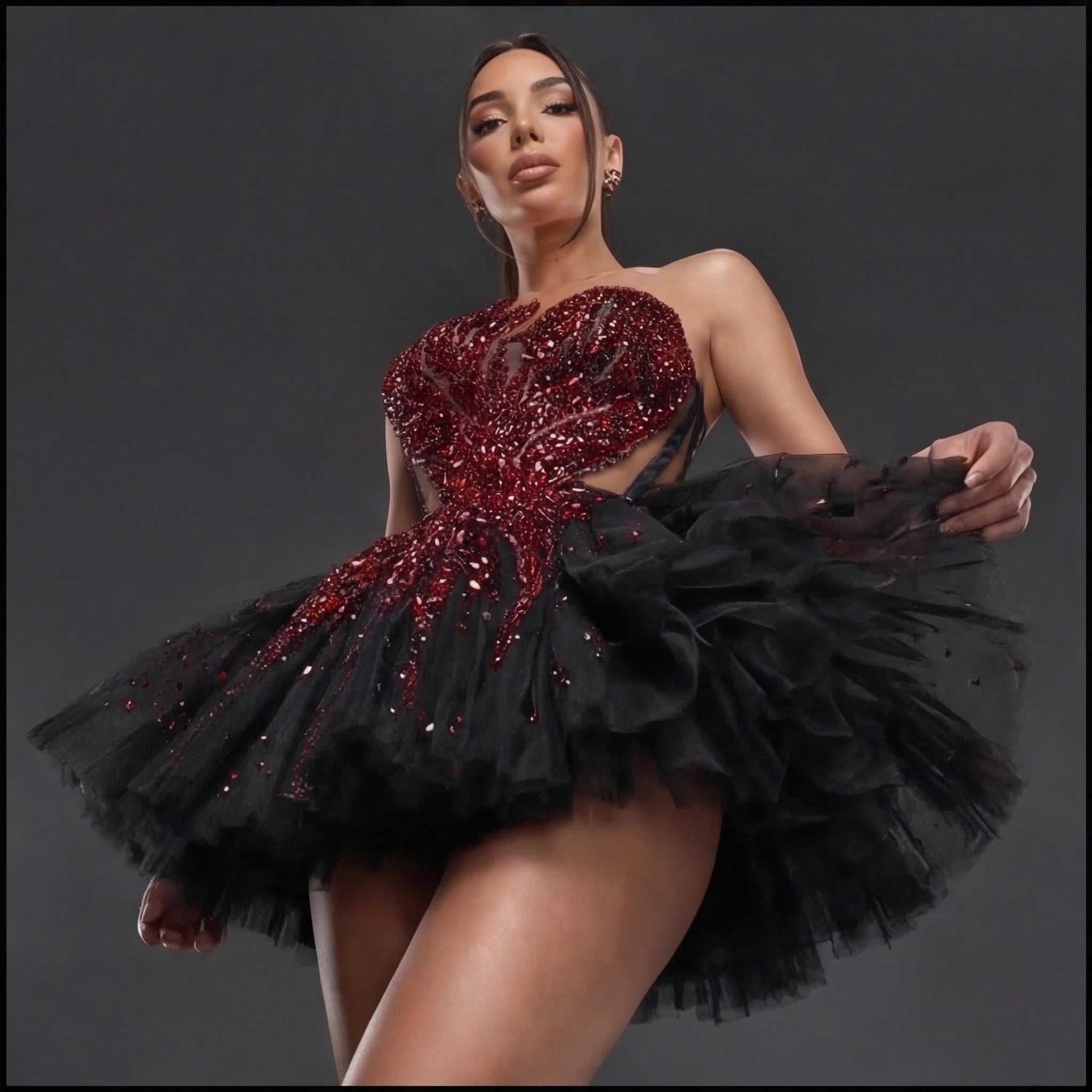 Strapless Sheer Corset Mini Dress – Red Crystal Flame Wings with Voluminous Black Tulle Skirt