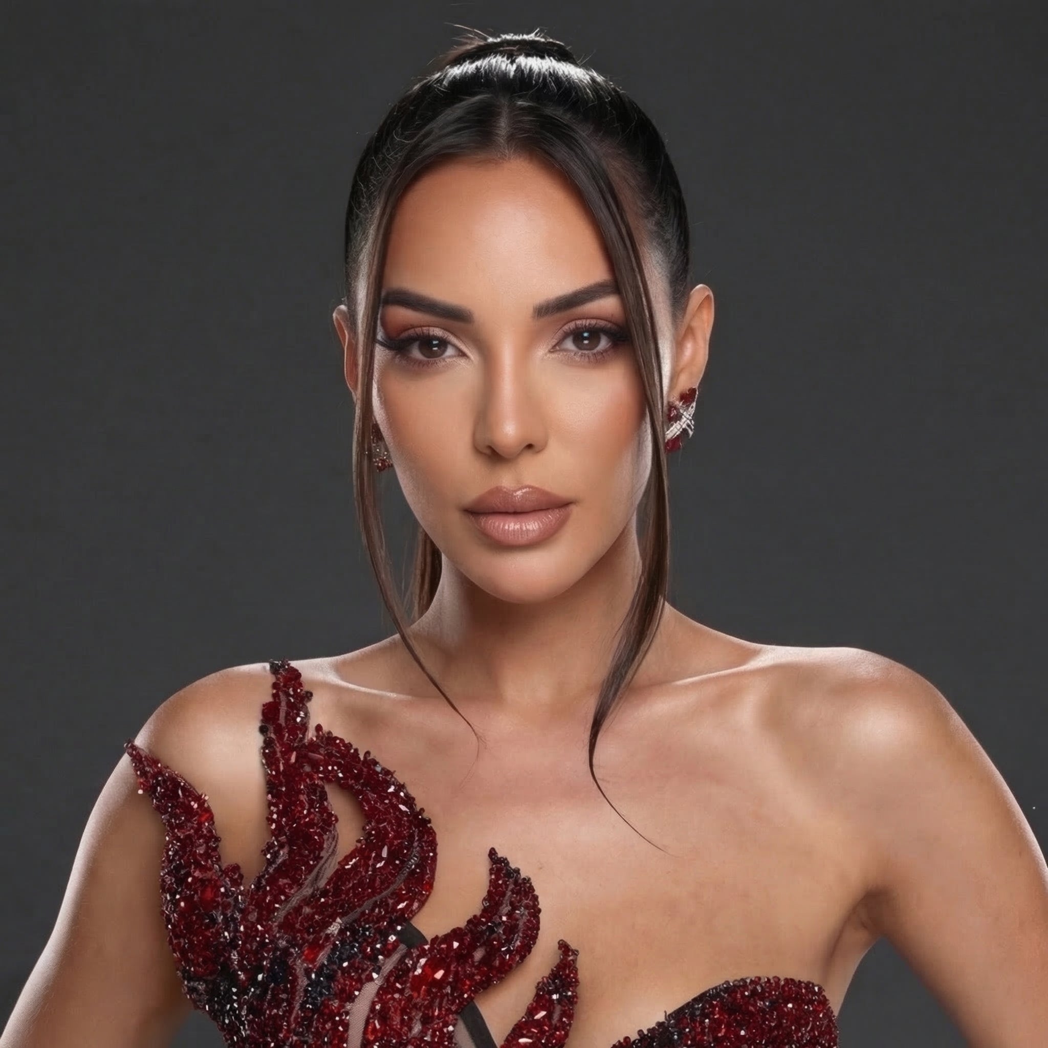 Strapless Sheer Corset Mini Dress – Red Crystal Flame Wings with Voluminous Black Tulle Skirt