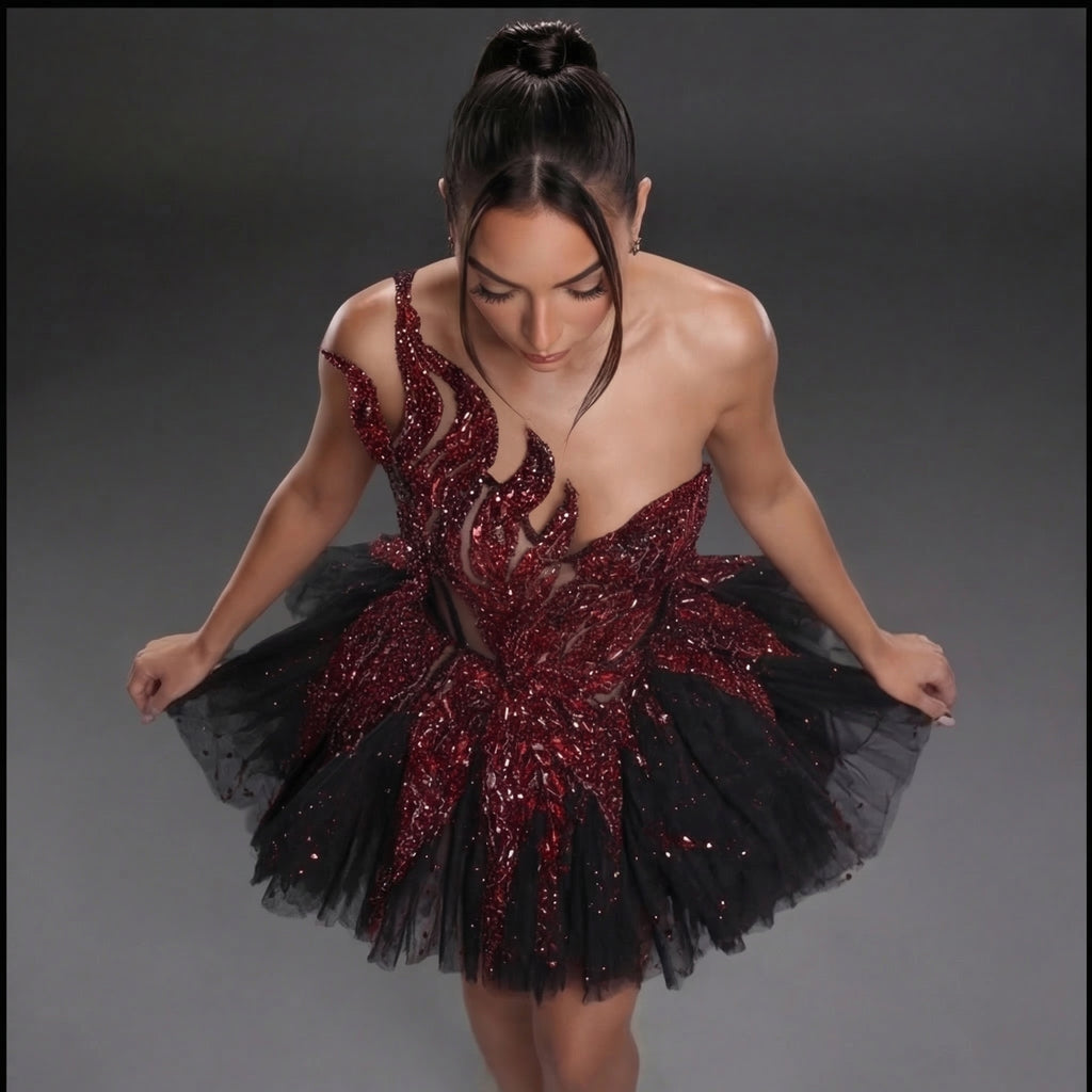 Strapless Sheer Corset Mini Dress – Red Crystal Flame Wings with Voluminous Black Tulle Skirt