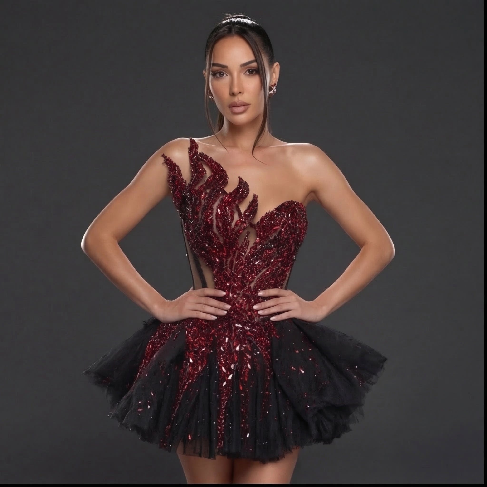 Strapless Sheer Corset Mini Dress – Red Crystal Flame Wings with Voluminous Black Tulle Skirt