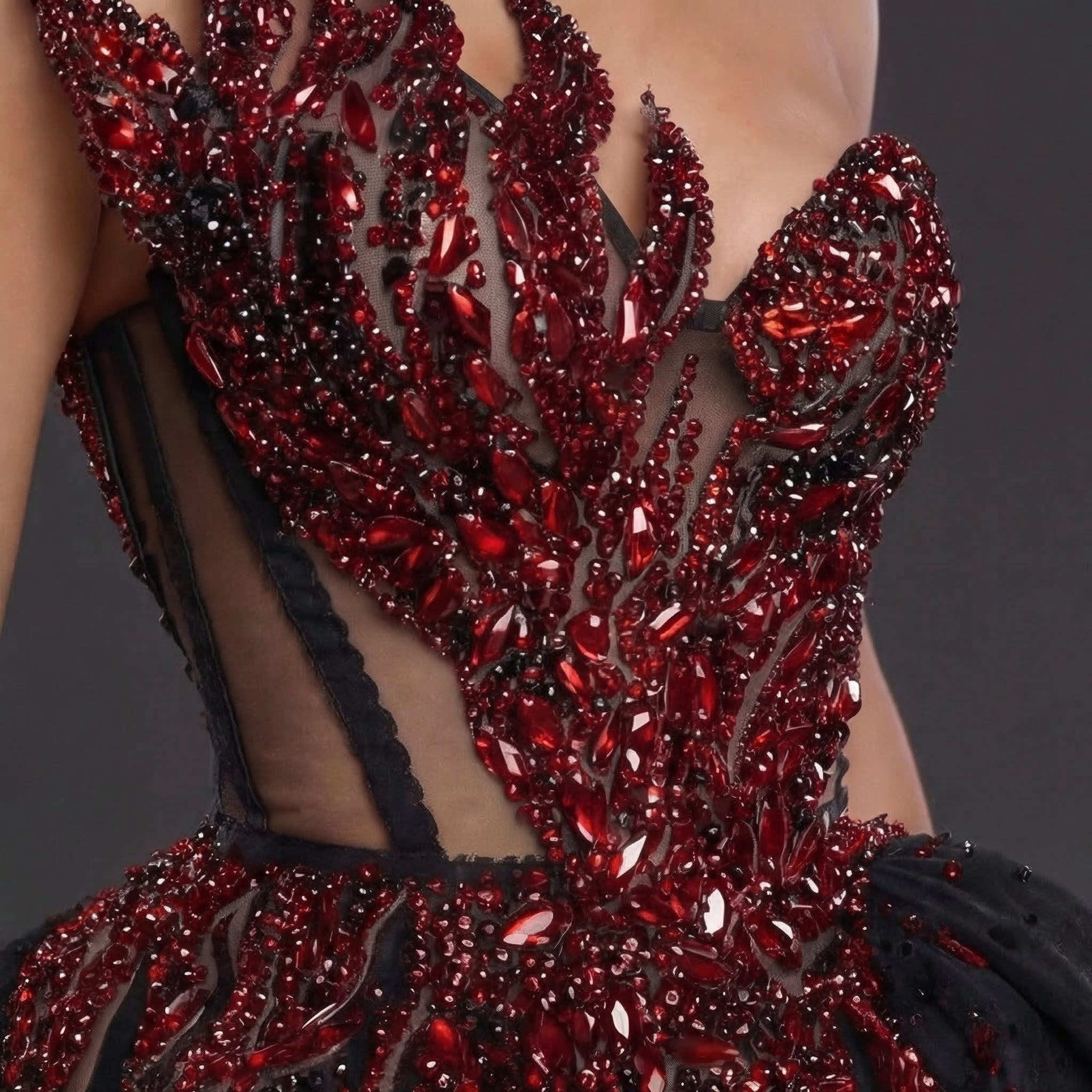 Strapless Sheer Corset Mini Dress – Red Crystal Flame Wings with Voluminous Black Tulle Skirt