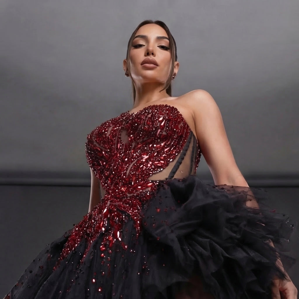 Strapless Sheer Corset Mini Dress – Red Crystal Flame Wings with Voluminous Black Tulle Skirt