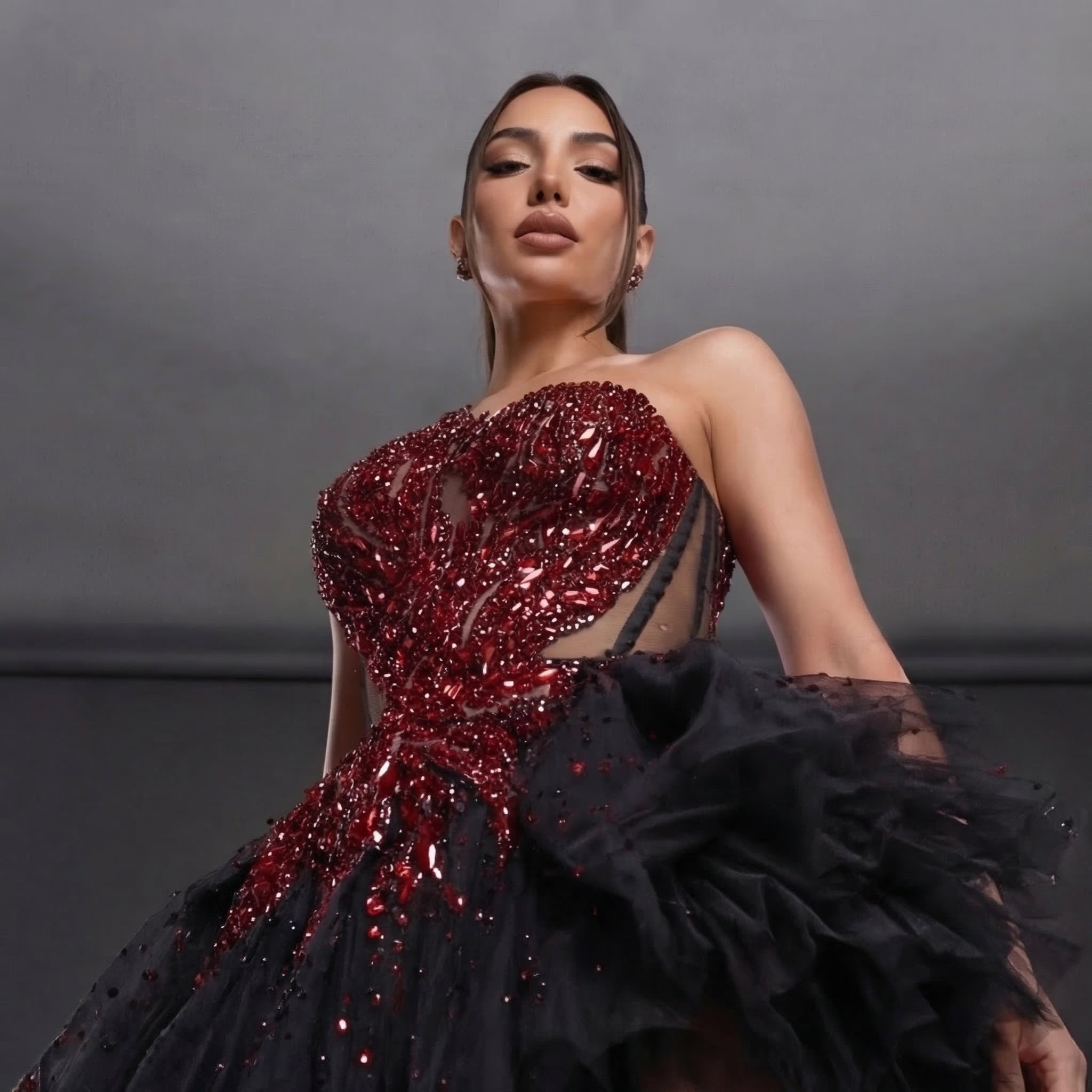 Strapless Sheer Corset Mini Dress – Red Crystal Flame Wings with Voluminous Black Tulle Skirt