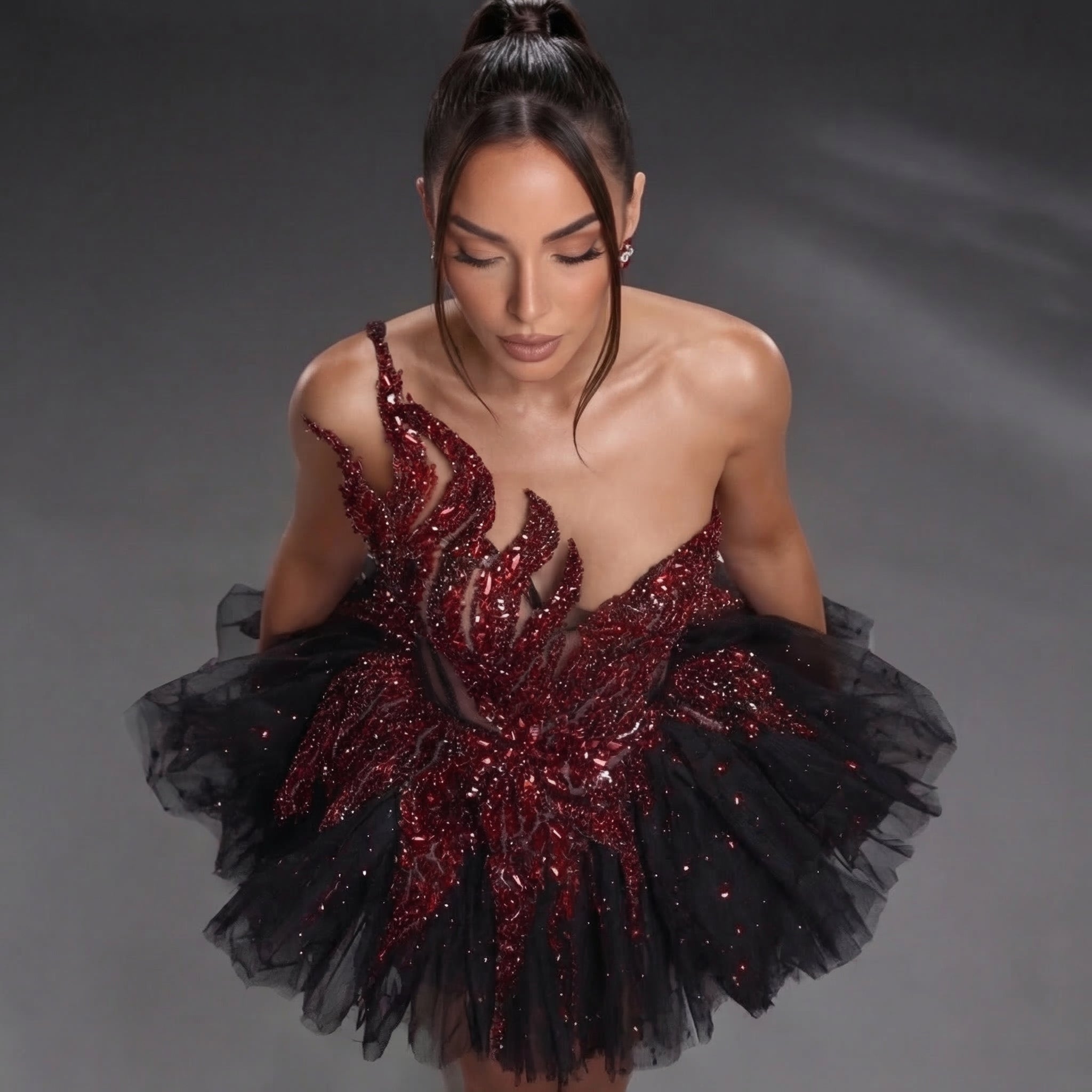 Strapless Sheer Corset Mini Dress – Red Crystal Flame Wings with Voluminous Black Tulle Skirt