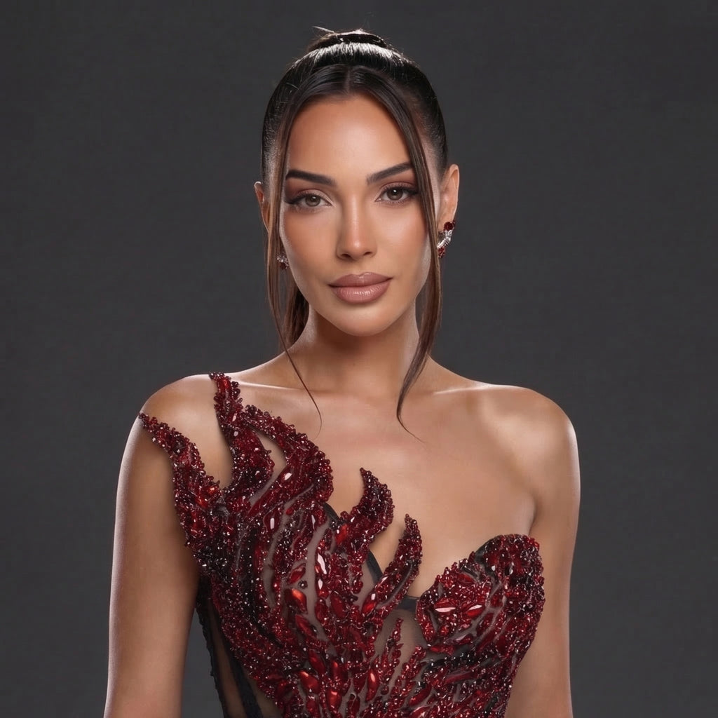 Strapless Sheer Corset Mini Dress – Red Crystal Flame Wings with Voluminous Black Tulle Skirt