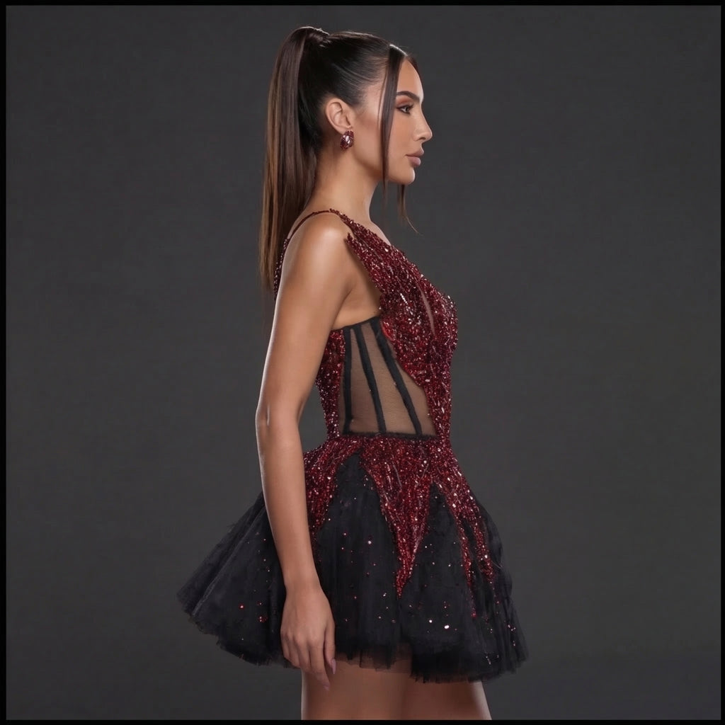 Strapless Sheer Corset Mini Dress – Red Crystal Flame Wings with Voluminous Black Tulle Skirt