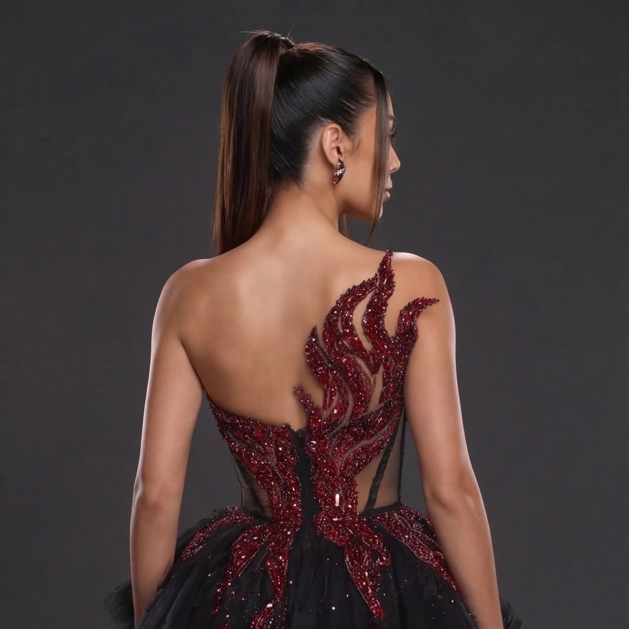 Strapless Sheer Corset Mini Dress – Red Crystal Flame Wings with Voluminous Black Tulle Skirt