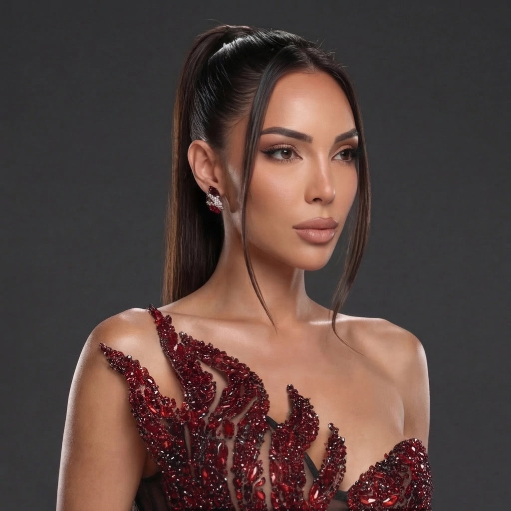 Strapless Sheer Corset Mini Dress – Red Crystal Flame Wings with Voluminous Black Tulle Skirt