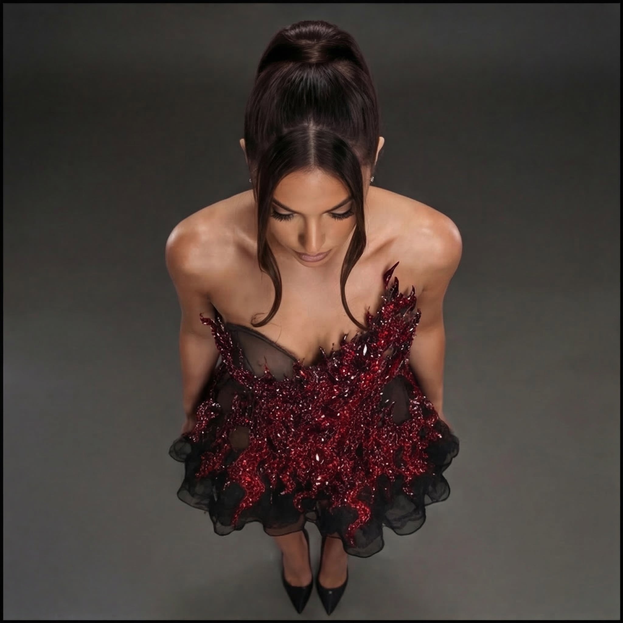 Strapless Sheer Corset Mini Dress – Red Crystal Flame Applique with Black Organza Skirt