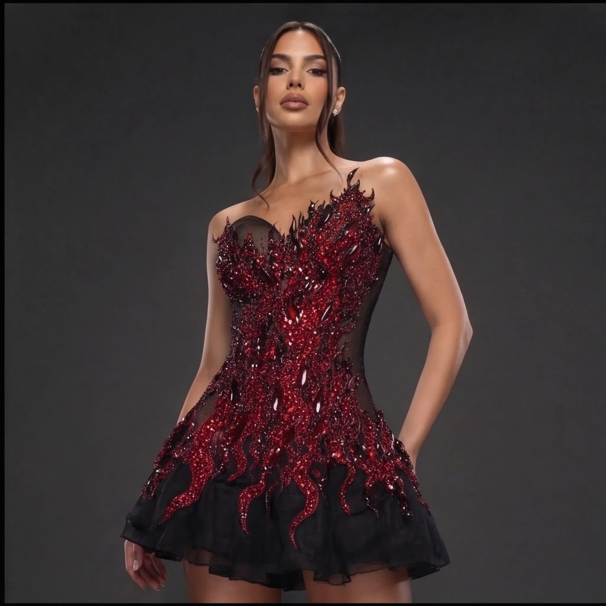 Strapless Sheer Corset Mini Dress – Red Crystal Flame Applique with Black Organza Skirt