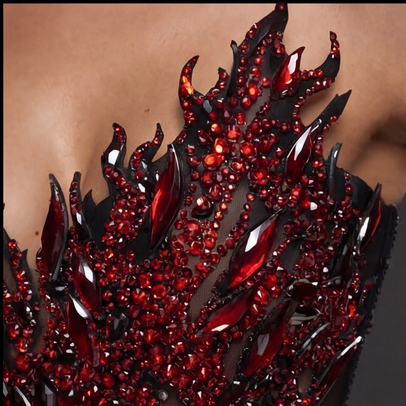 Strapless Sheer Corset Mini Dress – Red Crystal Flame Applique with Black Organza Skirt
