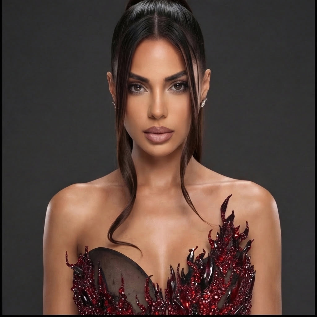 Strapless Sheer Corset Mini Dress – Red Crystal Flame Applique with Black Organza Skirt