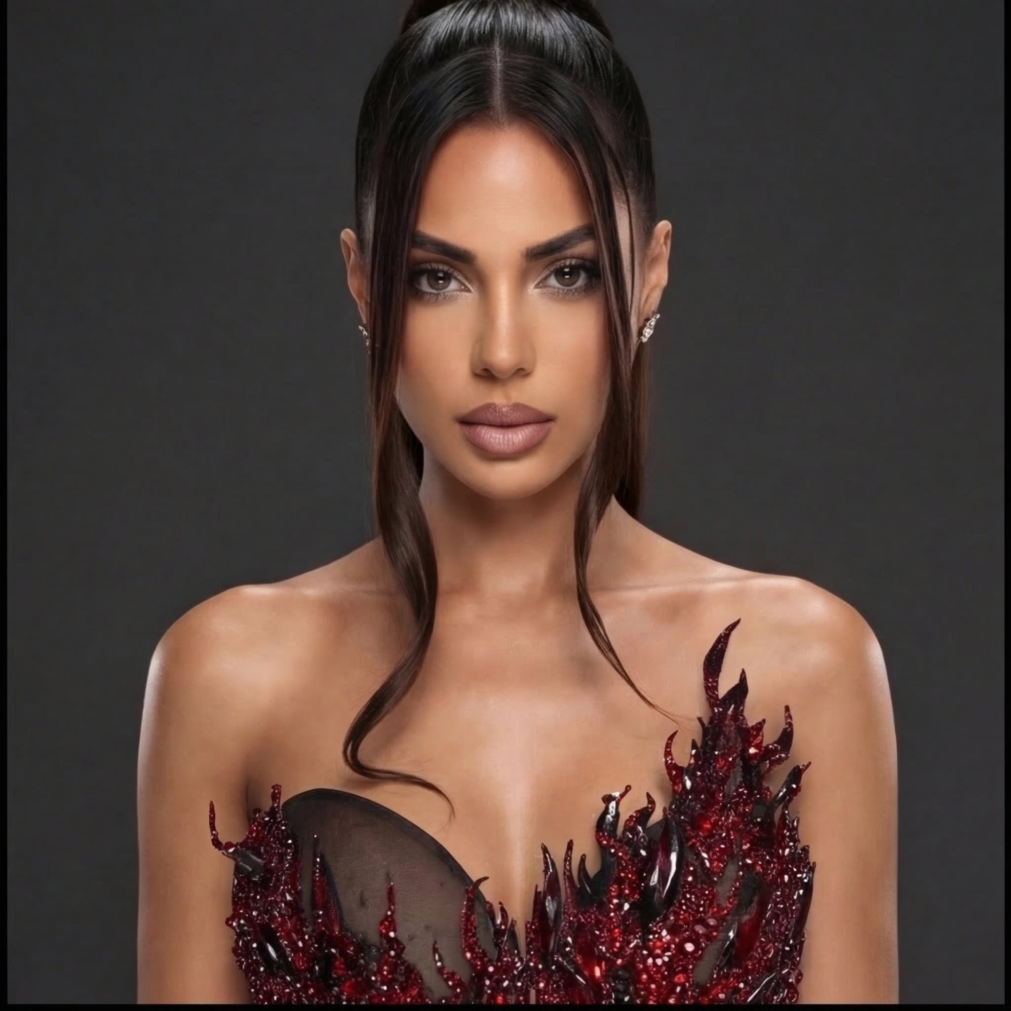 Strapless Sheer Corset Mini Dress – Red Crystal Flame Applique with Black Organza Skirt