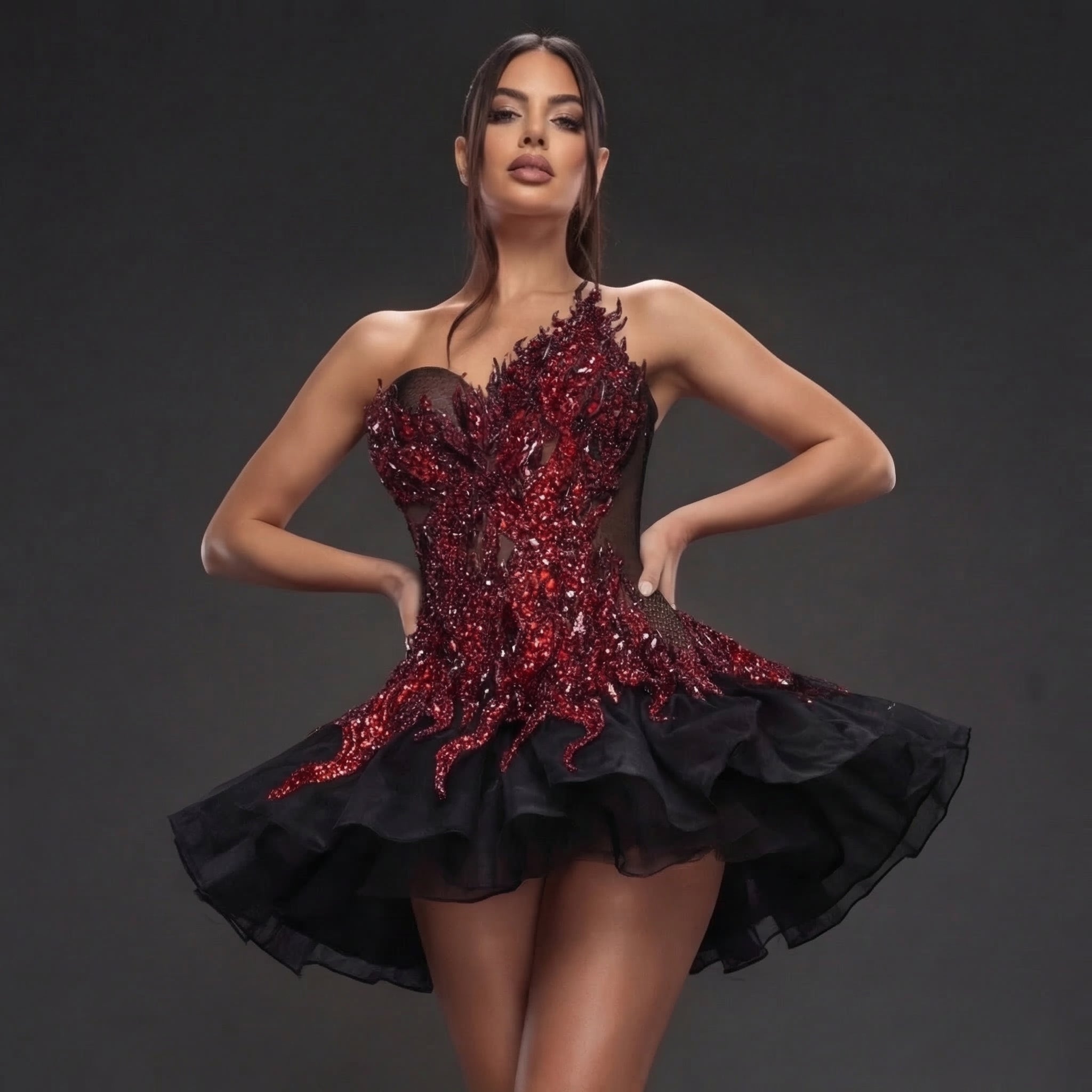 Strapless Sheer Corset Mini Dress – Red Crystal Flame Applique with Black Organza Skirt