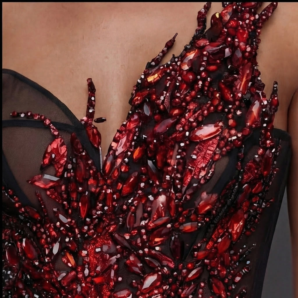 One-Shoulder Sheer Corset Mini Dress – Red Crystal Flame Applique with Layered Black Tulle Skirt
