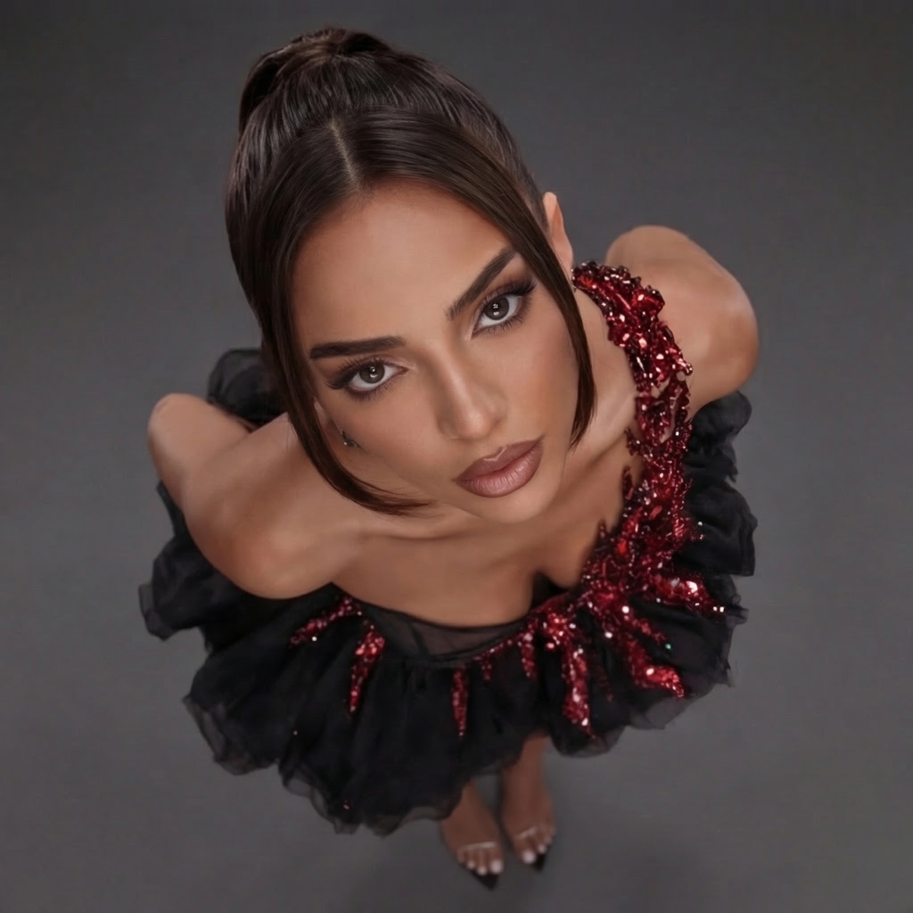 One-Shoulder Sheer Corset Mini Dress – Red Crystal Flame Applique with Layered Black Tulle Skirt
