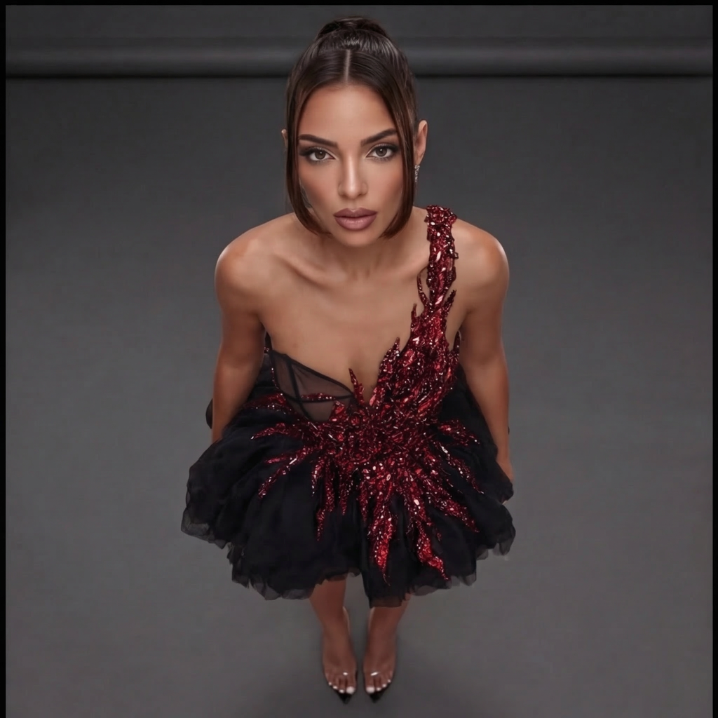 One-Shoulder Sheer Corset Mini Dress – Red Crystal Flame Applique with Layered Black Tulle Skirt