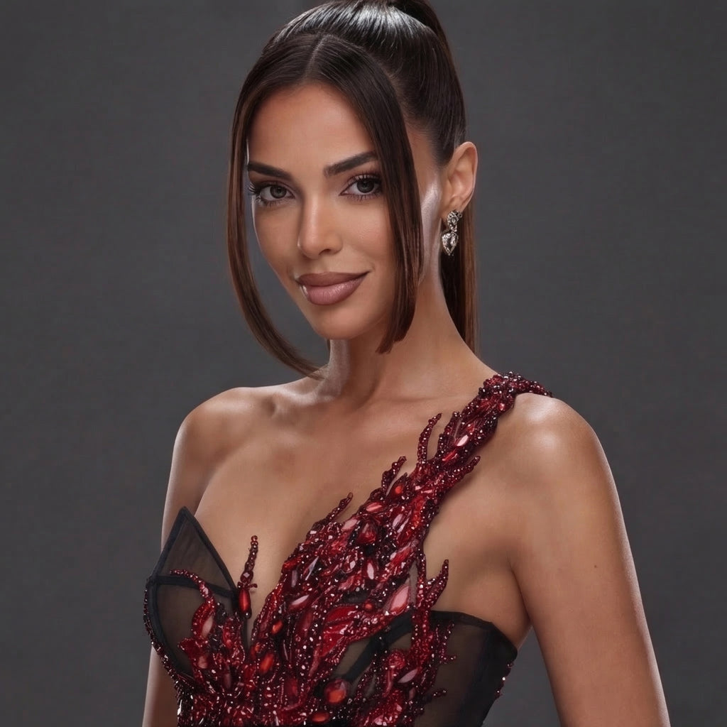 One-Shoulder Sheer Corset Mini Dress – Red Crystal Flame Applique with Layered Black Tulle Skirt