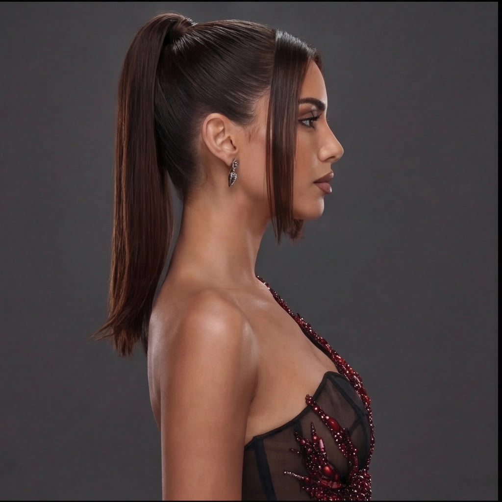One-Shoulder Sheer Corset Mini Dress – Red Crystal Flame Applique with Layered Black Tulle Skirt