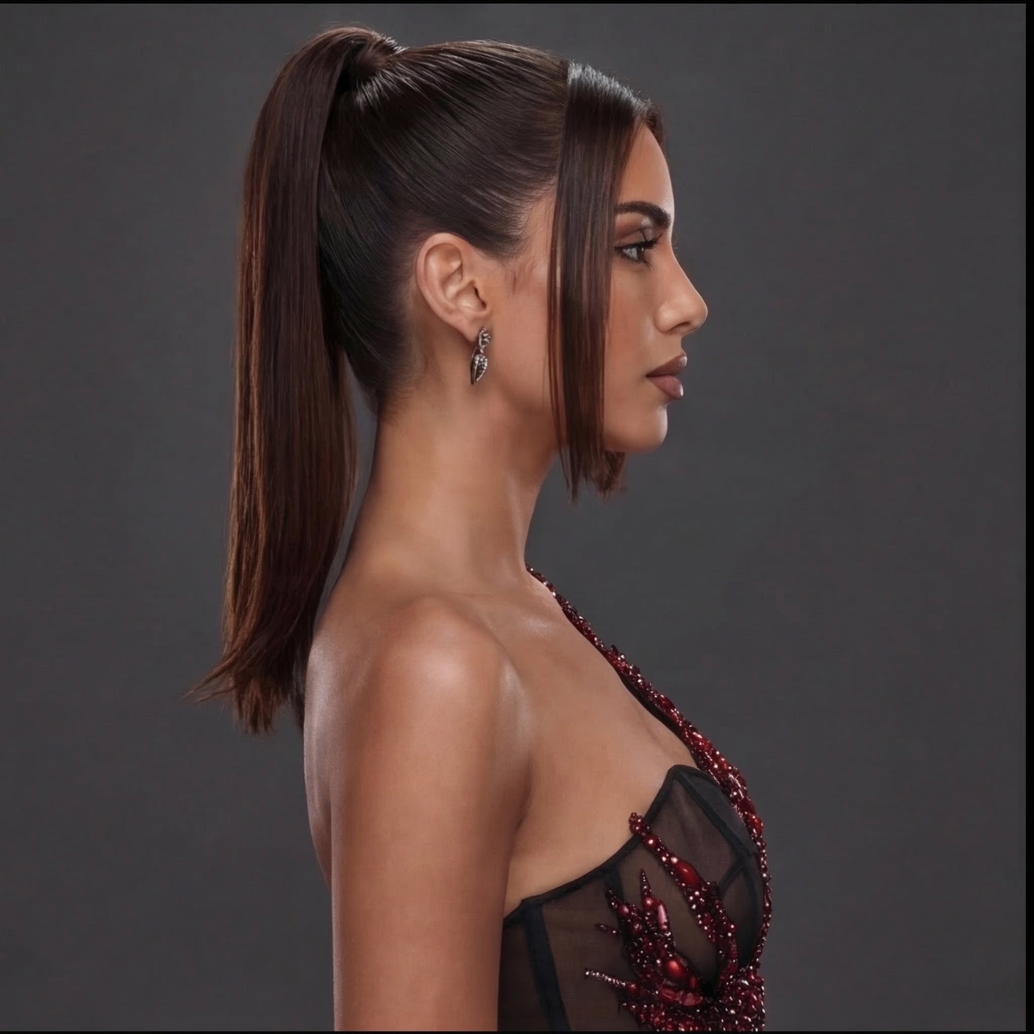 One-Shoulder Sheer Corset Mini Dress – Red Crystal Flame Applique with Layered Black Tulle Skirt