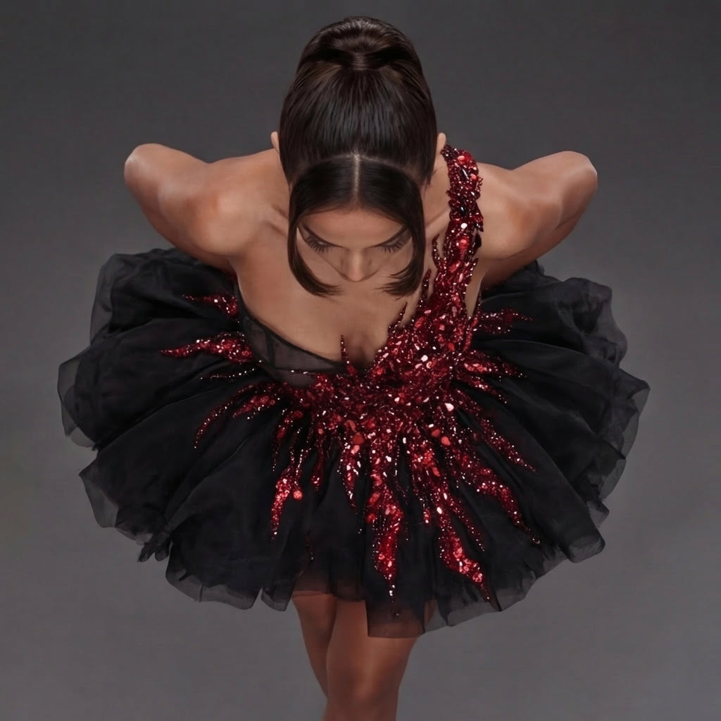 One-Shoulder Sheer Corset Mini Dress – Red Crystal Flame Applique with Layered Black Tulle Skirt