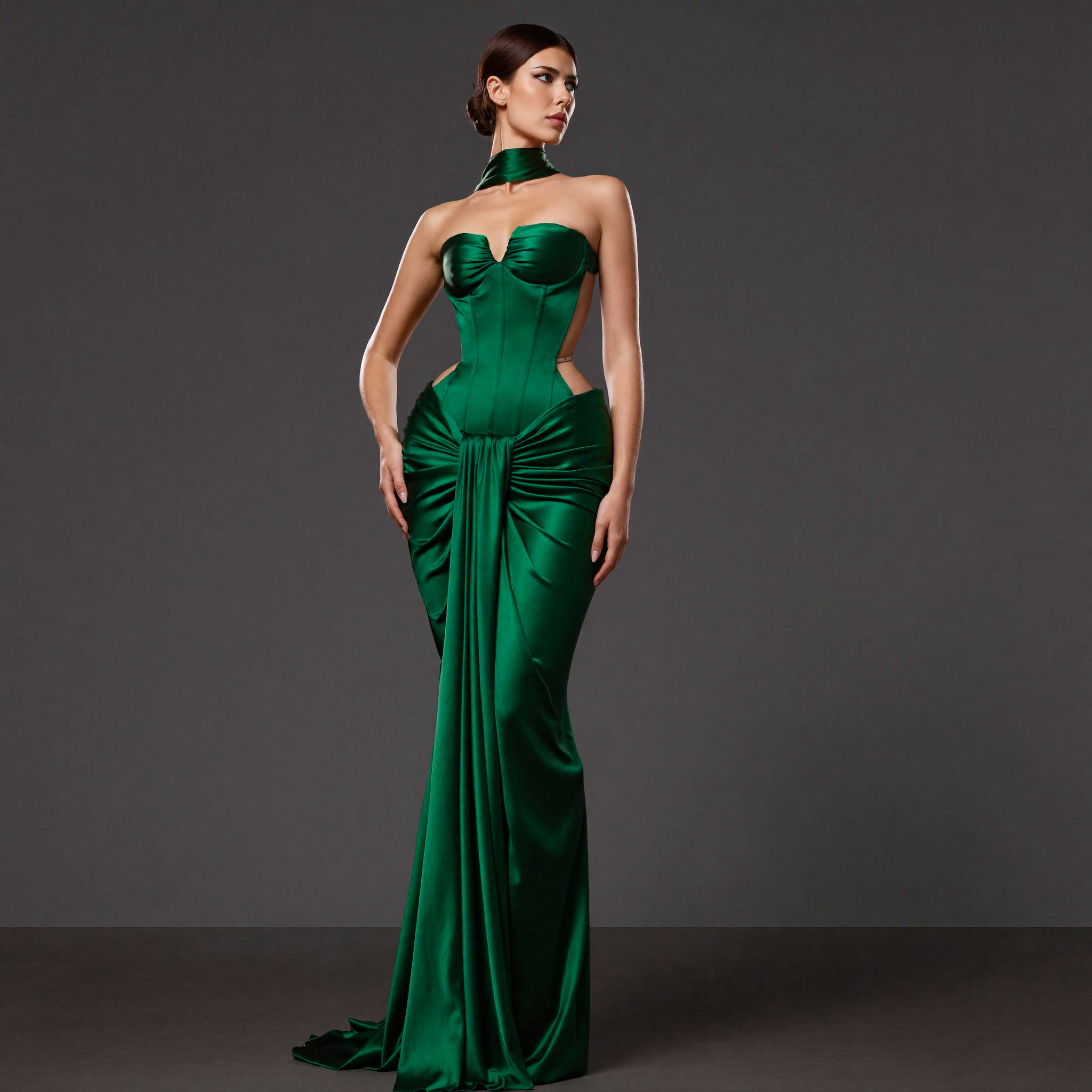 Emerald Green Satin Draped Gown – Sculpted Corset Evening Dress with Sweetheart Neckline & Hip Cutouts